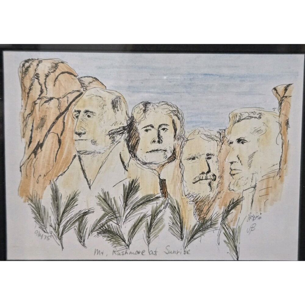 OOAK Watercolor Framed Artwork Mt. Rushmore at Sunrise‎ #190 By Alice Originals